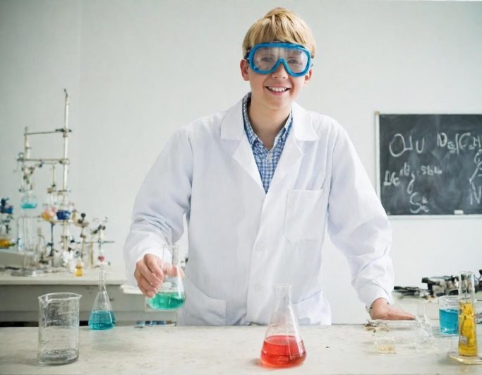 Young man working with brightly colored chemicals